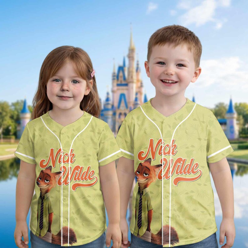 Puede incluir: Dos ni&ntilde;os con camisetas de b&eacute;isbol verde claro con un dise&ntilde;o de Nick Wilde. Las camisetas tienen ribetes blancos y el nombre "Nick Wilde" en letras naranjas. Un castillo se ve en el fondo.