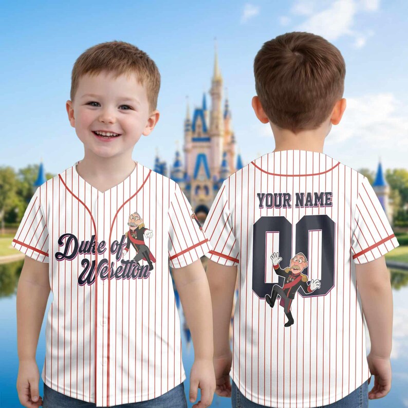 May include: White and red pinstripe baseball jersey with the text "Duke of Weselton" and a cartoon character on the front. The back features the text "YOUR NAME" above a number 00 and another cartoon character.