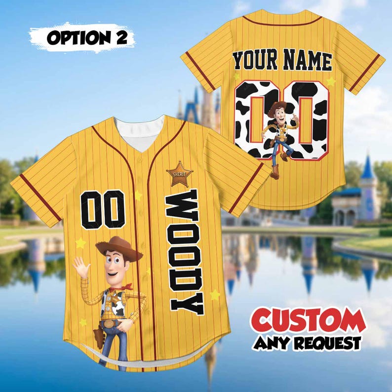 May include: Yellow baseball jersey with brown pinstripes, featuring the character Woody from Toy Story. The jersey has the number "00" and the name "WOODY" vertically down the side. The back of the jersey has the number "00" with a cow print and the text "YOUR NAME".