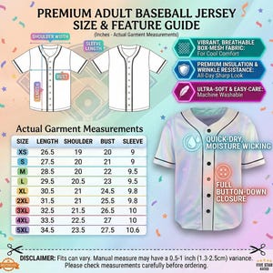 May include: White baseball jersey with black trim, featuring a full button-down closure. The image includes a size and feature guide with measurements in inches, highlighting features like breathable fabric and moisture-wicking properties. The text reads "Premium Adult Baseball Jersey".