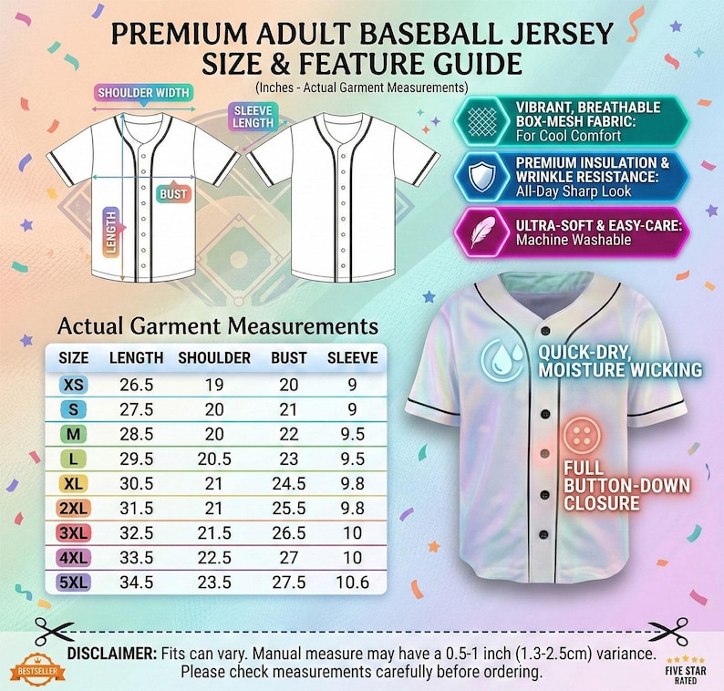 May include: White baseball jersey with black trim, featuring a full button-down closure. The image includes a size and feature guide with measurements in inches, highlighting features like breathable fabric and moisture-wicking properties. The text reads "Premium Adult Baseball Jersey".