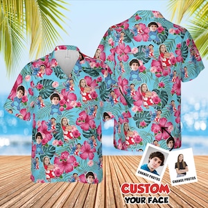 Personalized Custom Face Stitch Hawaiian Shirt, Couple Photo Button Up, Tropical Hibiscus Flower Shirt : Poly Spandex Beach Party Keepsake