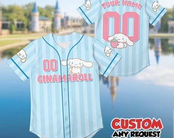 カスタムシナモロールベースボールジャージ、サンリオ風パーソナライズシャツ、かわいいブルージャージ、カスタムネーム＆ナンバーアニメ衣装