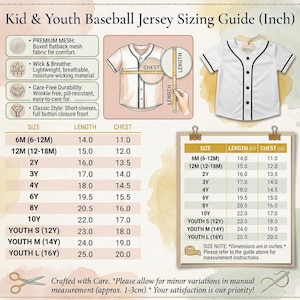 May include: A baseball jersey sizing guide for kids and youth, featuring a white jersey with black trim. The guide includes chest and length measurements in inches for various sizes, from 6 months to youth large. The guide also highlights jersey features.