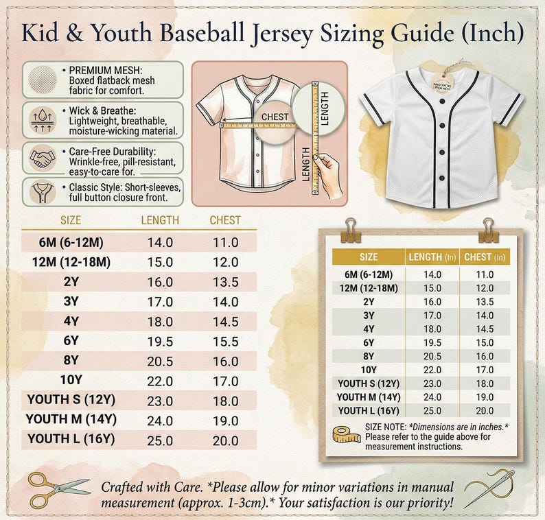 May include: A baseball jersey sizing guide for kids and youth, featuring a white jersey with black trim. The guide includes chest and length measurements in inches for various sizes, from 6 months to youth large. The guide also highlights jersey features.