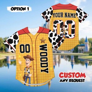 Custom Woody Baseball Jersey, Personalized Toy Story Family Shirt, Disney Cowboy Outfit, Sheriff Woody Jersey, Woody Cosplay Costume Option 1