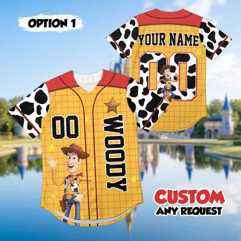 Custom Woody Baseball Jersey, Personalized Toy Story Family Shirt, Disney Cowboy Outfit, Sheriff Woody Jersey, Woody Cosplay Costume Option 1