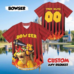 Camiseta de béisbol personalizada de Bowser, camiseta de villanos de Super Mario, traje de cosplay de Bowser, camiseta a rayas de fuego, nombre y número personalizados.