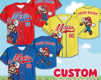 Camiseta de béisbol personalizada de Super Mario, camiseta personalizada con nombre y número de Mario, atuendo para viaje familiar a Nintendo World, camiseta de regalo de cumpleaños para fanáticos de los videojuegos.