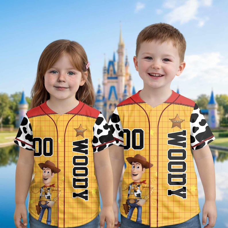 Custom Woody Baseball Jersey, Personalized Toy Story Family Shirt, Disney Cowboy Outfit, Sheriff Woody Jersey, Woody Cosplay Costume image 1