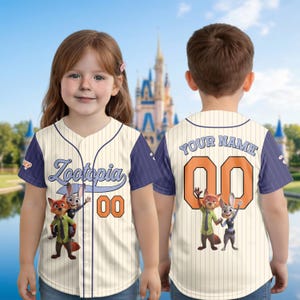 May include: Baseball jersey featuring the word "Zootopia" in blue script, with the number "00" in orange. The jersey has a cream-colored body with navy blue sleeves and trim. The front features cartoon characters. The back has the text "YOUR NAME" and the number "00".