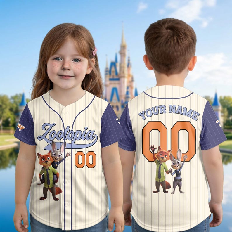 May include: Baseball jersey featuring the word "Zootopia" in blue script, with the number "00" in orange. The jersey has a cream-colored body with navy blue sleeves and trim. The front features cartoon characters. The back has the text "YOUR NAME" and the number "00".