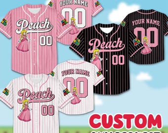 Custom Princess Peach Baseball Jersey, Personalized Pink Gamer Shirt, Princess Peach Cosplay Outfit, Custom Name and Number Gaming Jersey