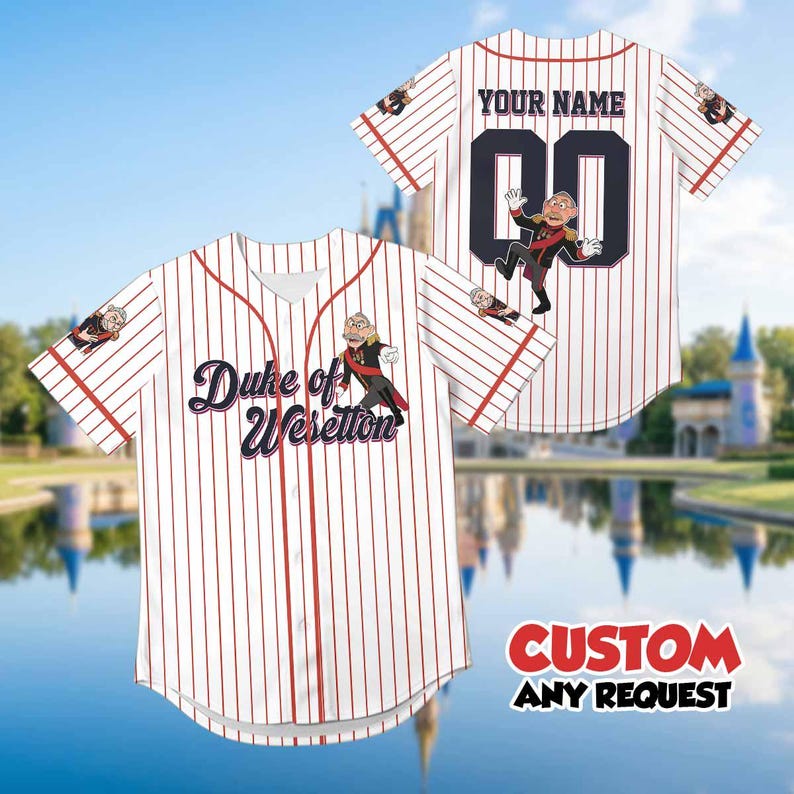 May include: White baseball jersey with red pinstripes, featuring a cartoon character and the text "Duke of Weselton." The back displays "YOUR NAME" above a number. The sleeves have character graphics.