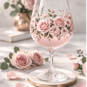 Puede incluir: Una copa de vino transparente con un diseño floral rosa que presenta rosas rosas y vegetación. La copa está sobre un posavasos blanco con borde dorado, con pétalos de rosa esparcidos cerca. Un jarrón de rosas en el fondo.