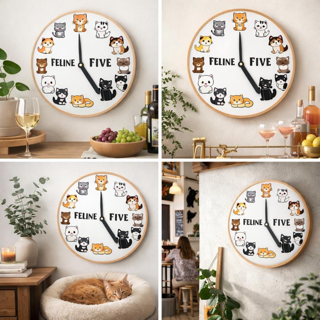 Feline Five Cat Wall Clock | Funny Happy Hour Decor | Cat - Etsy