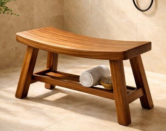 Solid Wood Waterproof Teak Bath Bench with Storage Shelf | Spa Bathroom Stool