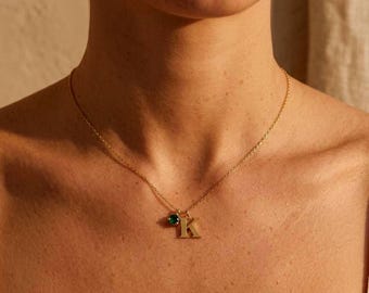 Personalized Initial Necklace, 14K Gold Plated Sterling Silver, Emerald Green Zirconia Charm