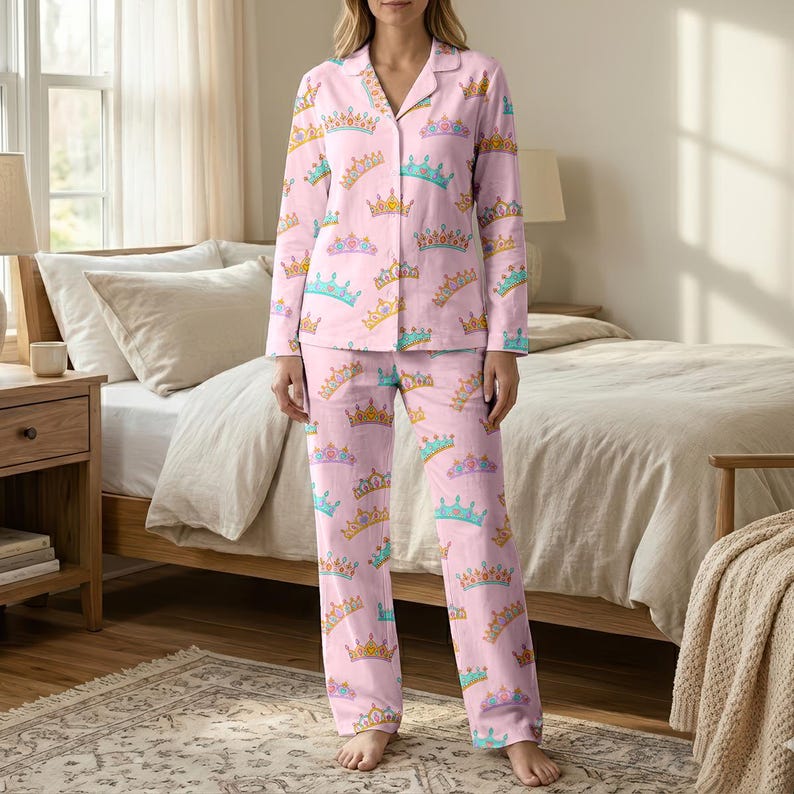 Princess Tiara Pajamas Set, Cute Pink Crown Sleepwear for Women, Royal ...