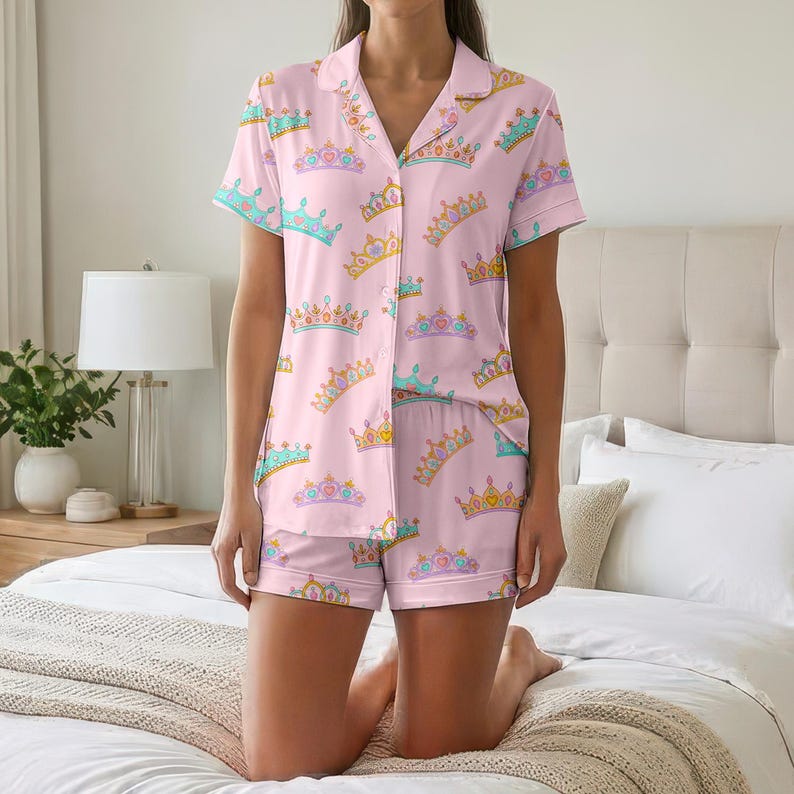 Princess Tiara Pajamas Set, Cute Pink Crown Sleepwear for Women, Royal ...