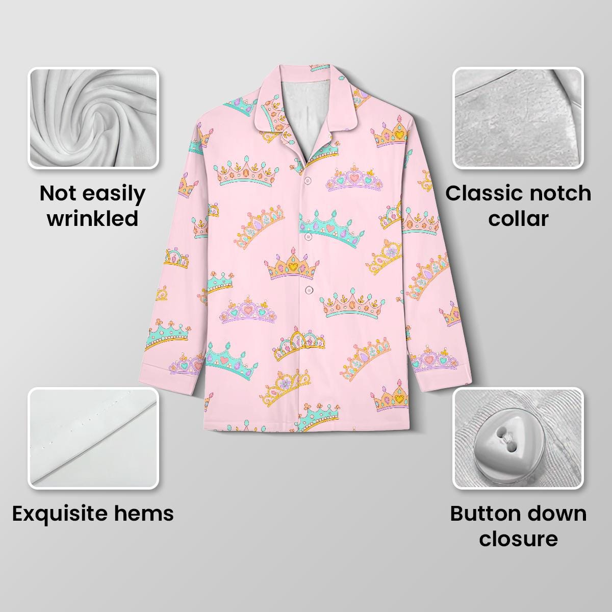 Pink Princess Pyjamas Princess Tiara Pajamas Set, Cute Pink Crown Sleepwear for Women, Royal ...