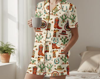 Custom Western Pajama Set for Women, Personalized Cowboy Boots & Cactus Sleepwear with Name, Boho Desert Pattern Soft Satin PJ Set, Her Gift