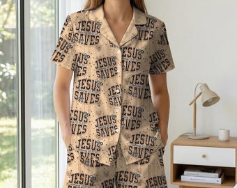 Jesus Saves Pajamas for Women, Christian Faith Sleepwear Set, Leopard Print Religious Pjs, Bible Verse Loungewear, Spiritual Gift for Her