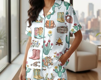 Custom Western Horse Pajama Set for Women, Personalized Cowgirl Boots & Cactus Sleepwear with Name, Boho Desert Satin PJ Set, Gift for Her