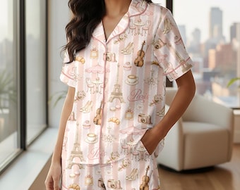 Pink Paris Pajama Set, French Chic Long Sleeve Sleepwear, Eiffel Tower Striped Pjs, Romantic Paris Loungewear, Gift for Francophile