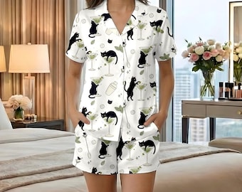 Black Cat Martini Pajamas, Cute Cat Lover Pjs Set, Martini Glass Sleepwear, Long Sleeve Cat Loungewear, Funny Cat Mom Gift, Cocktail Pjs
