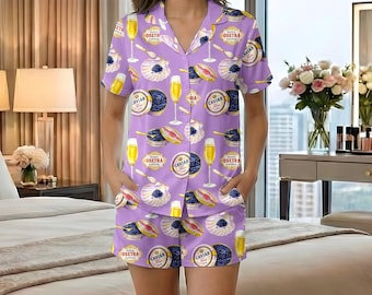 Royal Osetra Caviar Pajamas, Purple Foodie PJ Set, Luxury Champagne Sleepwear, Gourmet Gourmet Gift for Her, Aesthetic Brunch Loungewear