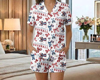 Baseball Season Pajamas for Women, Cute Baseball Bows Sleepwear Set, Game Day Loungewear, Sports Fan Gift Her, Softball Mom Short Pjs Set