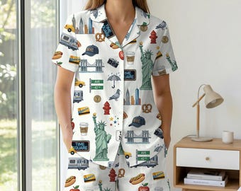 Custom New York City Pajama Set for Women, Personalized NYC Landmark Sleepwear with Name, Cute Statue of Liberty Soft Satin PJ Set, Gift