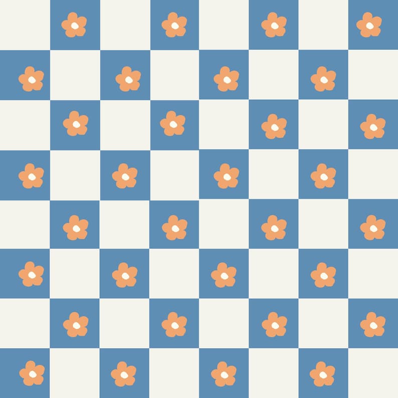 May include: A repeating pattern of orange flowers on a blue and white chequered background. The flowers are simple, with five petals and a small white centre. The design is clean and modern.