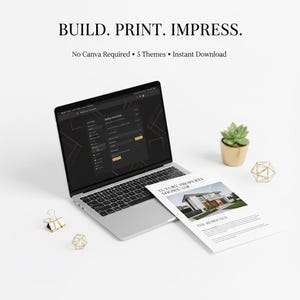 May include: A laptop displaying a website interface, with a printed document titled "Luxury Property Showcase" next to it. The image includes text: "BUILD. PRINT. IMPRESS." and "No Canva Required • 5 Themes • Instant Download."