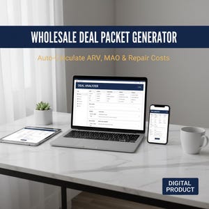May include: A laptop, tablet, and smartphone displaying a "DEAL ANALYZER" interface sit on a white marble surface. The text "WHOLESALE DEAL PACKET GENERATOR" and "Auto-calculate ARV, MAO & Repair Costs" are displayed above the devices. A white mug and a small plant are also present.