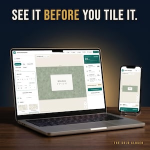 May include: A laptop and a smartphone displaying a kitchen backsplash design software interface. The screen shows a green herringbone tile pattern with a window labeled 3' 0" x 2' 0". The text SEE IT BEFORE YOU TILE IT appears above.