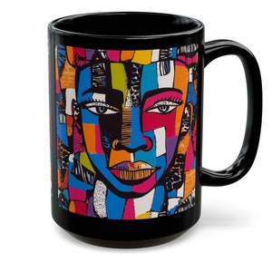 Ankara African Print Black Ceramic Coffee Mug Afrocentric Coffee Cup African Inspired Mug 11oz 15oz Abstract Portrait