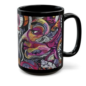 Ankara African Print Black Ceramic Coffee Mug Afrocentric Coffee Cup African Inspired Mug 11oz 15oz Abstract Portrait (Style #2)