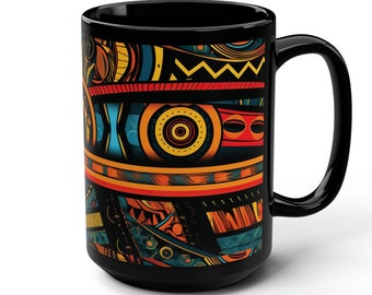 Ankara African Print 15oz Black Ceramic Coffee Mug Afrocentric Coffee Cup African Inspired Mug