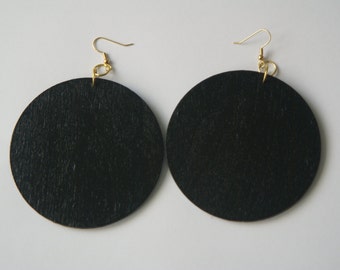 Large Wood Disc Earrings- Black