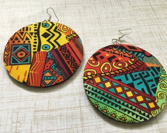 Large Fabric Covered Earrings Wood Earrings Afrocentric Jewelry