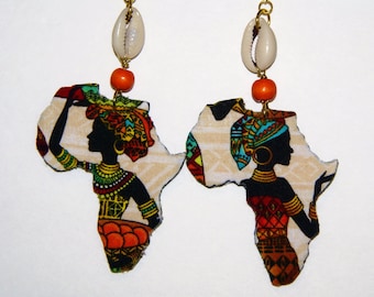 Fabric Covered Wood Earrings-Lady Africa With Cowrie Shell