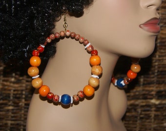 Jumbo Afrocentric Tribal Inspired Beaded Hoop Earrings