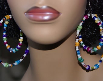 Jumbo Afrocentric Beaded Double Hoop Earrings- Caribbean Carnival