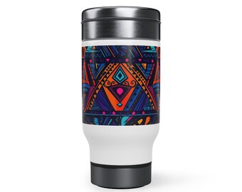 Ankara African Print Stainless Steel Travel Mug with Handle, 14oz Afrocentric Mug African Inspired Travel Mug