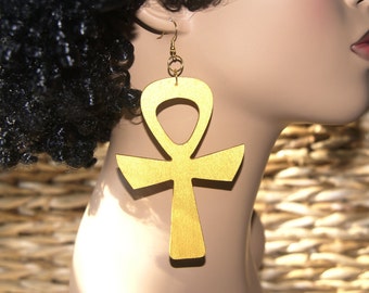 Large Wood Ankh Earrings- Gold