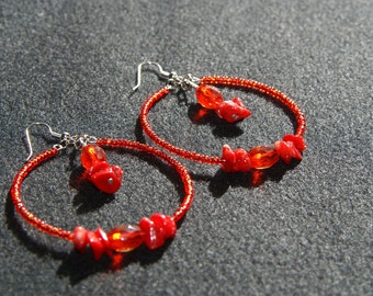 Lightweight Beaded Hoop Earrings - Fierce Red