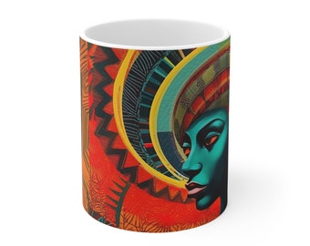 Spirit Blue Woman 11oz White Ceramic Coffee Mug Afrocentric Coffee Cup African Inspired Mug Ankara African Print Mug