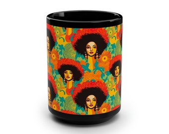 Afro Ladies 15oz Black Ceramic Mug Afrocentric Coffee Cup